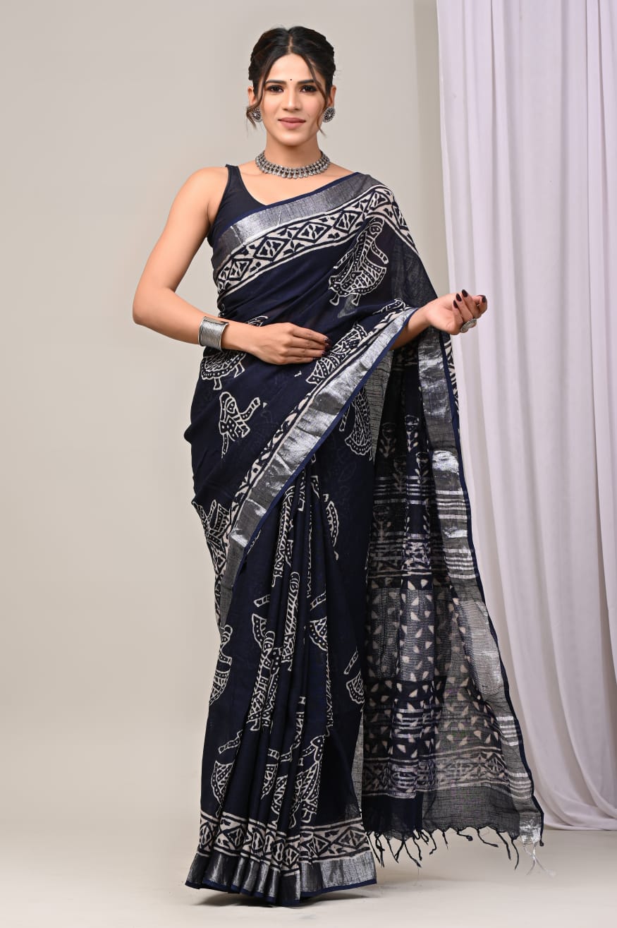 Navy blue hand block printed linen cotton saree with blouse piece