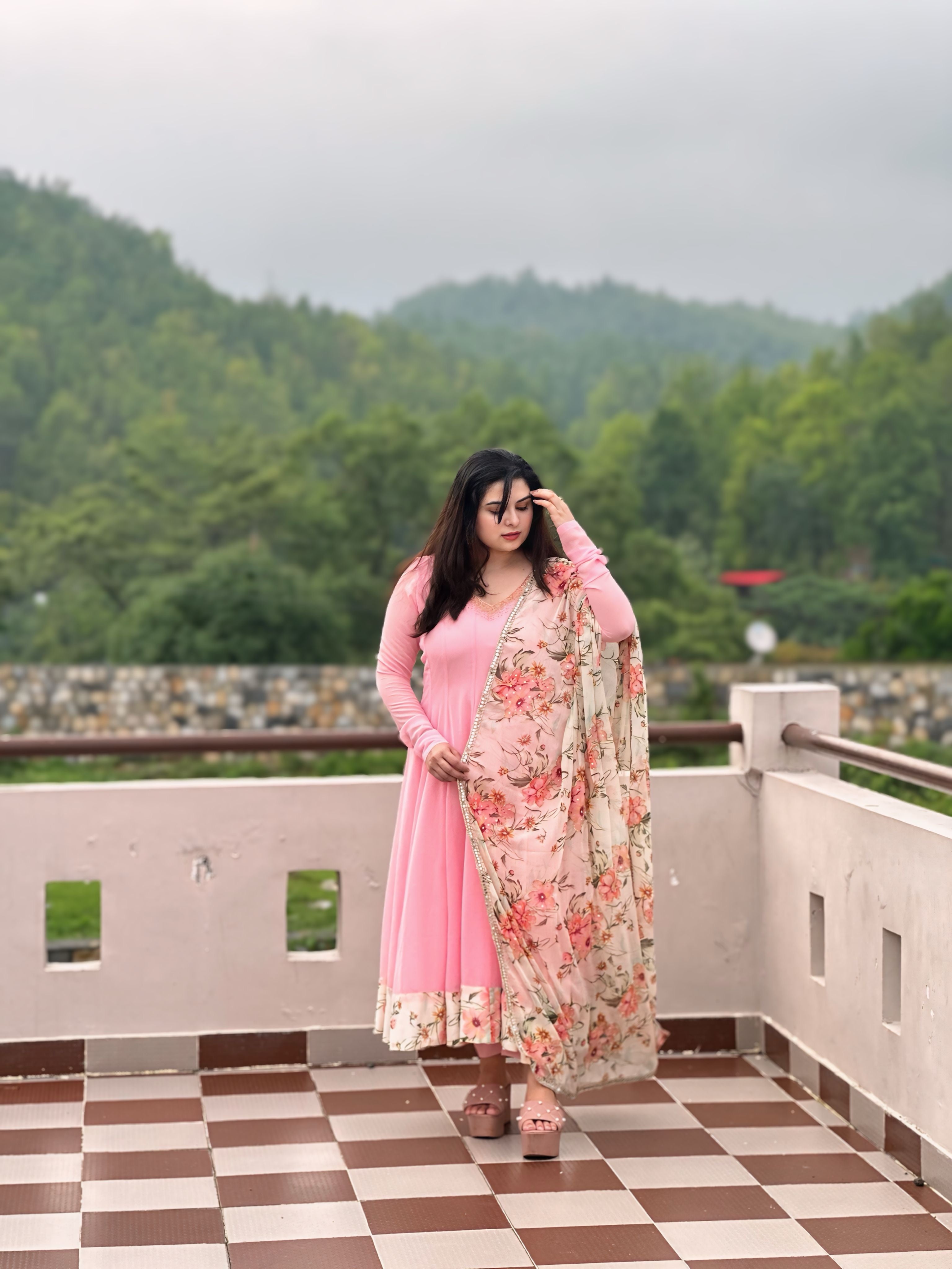 Rose pink hand embroidered anarkali set