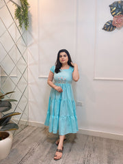 Hand embroidered sky blue cotton midi