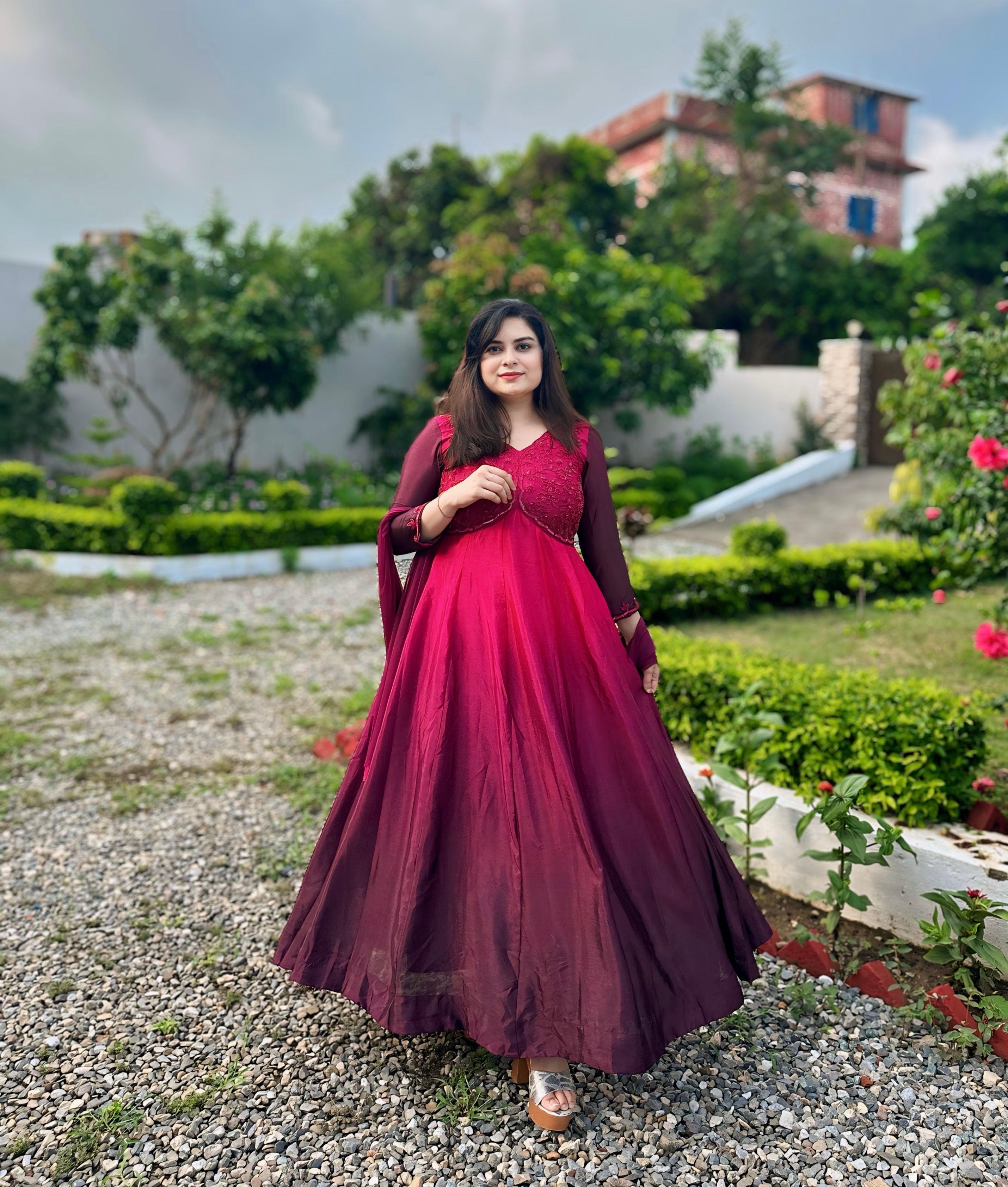 Hand embroidered grape wine shaded anarkali