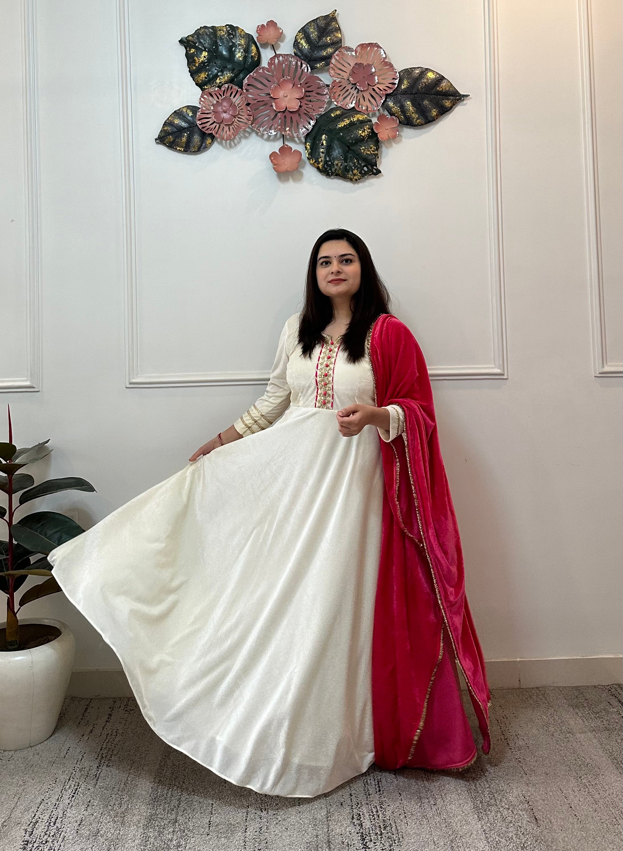 Partywear off white velvet anarkali with shawl – kasumi.in Partywear off white velvet anarkali with shawl – kasumi.in