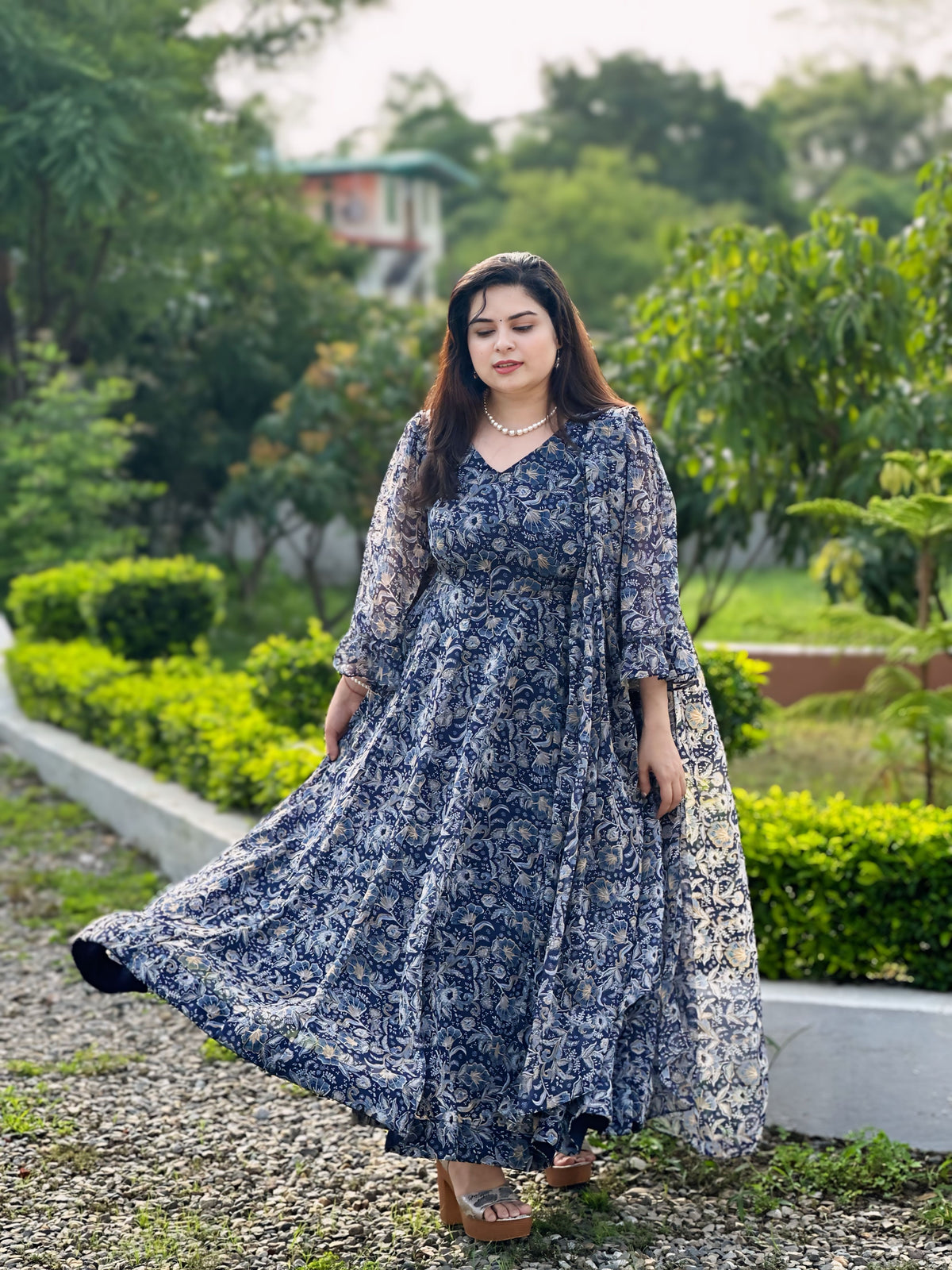 Printed side slit anarkali set