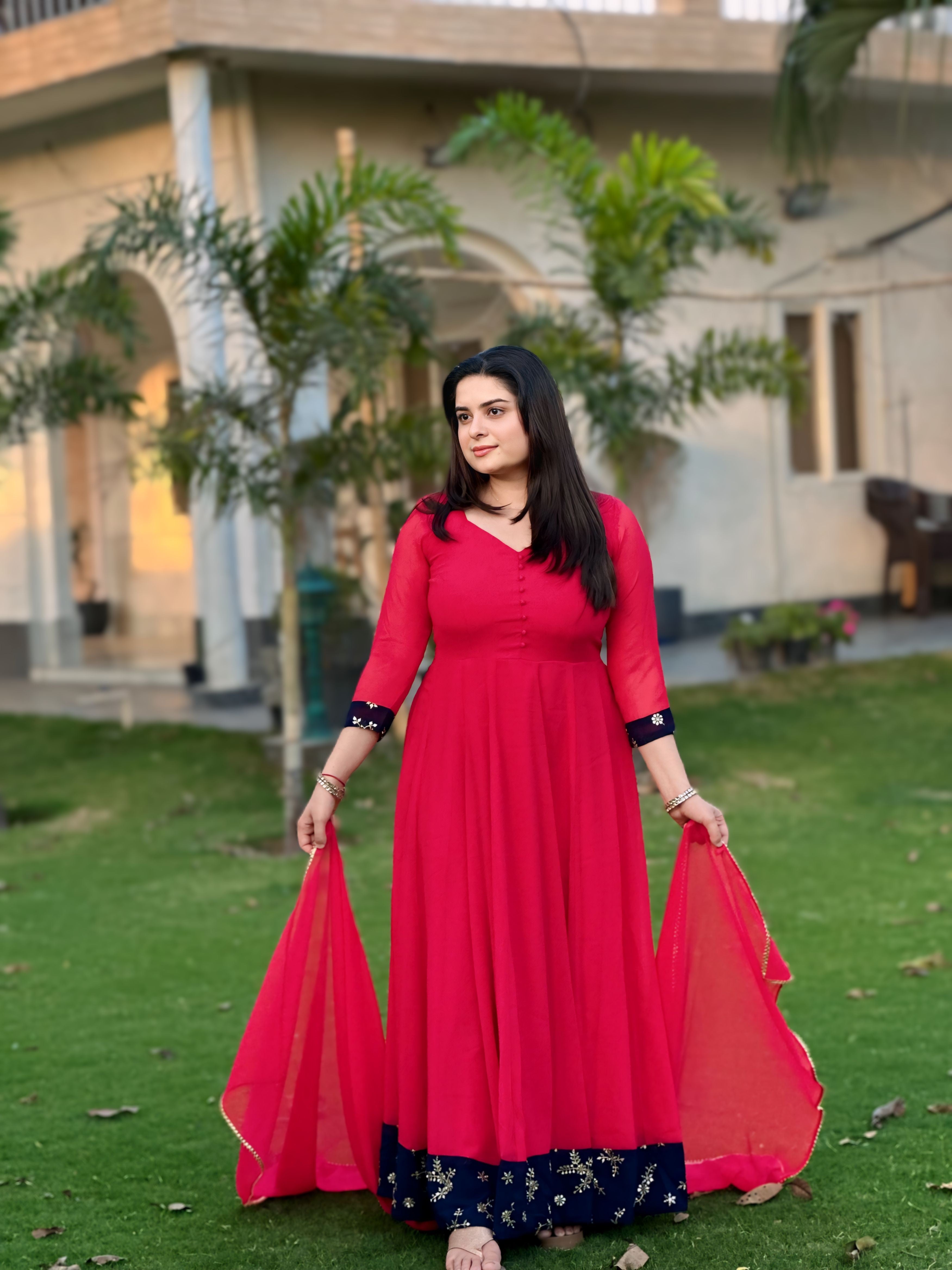 Embroidered carrot red anarkali