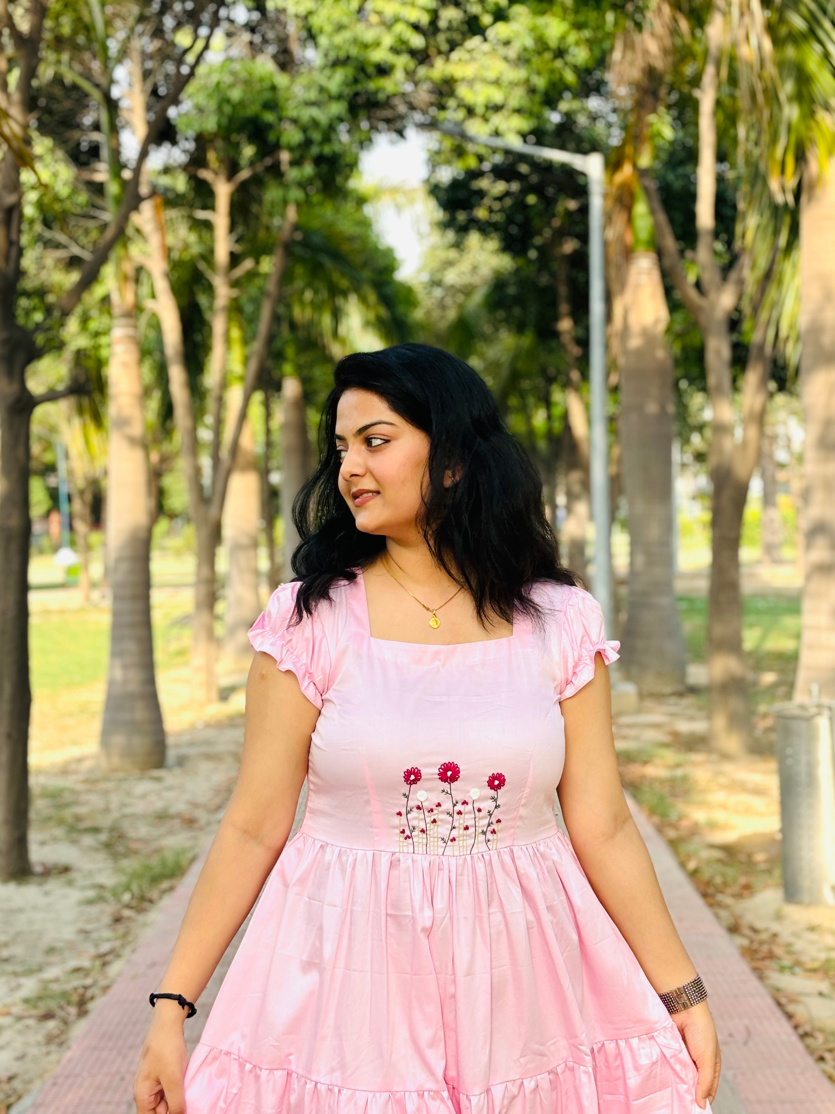 Hand embroidered baby pink midi