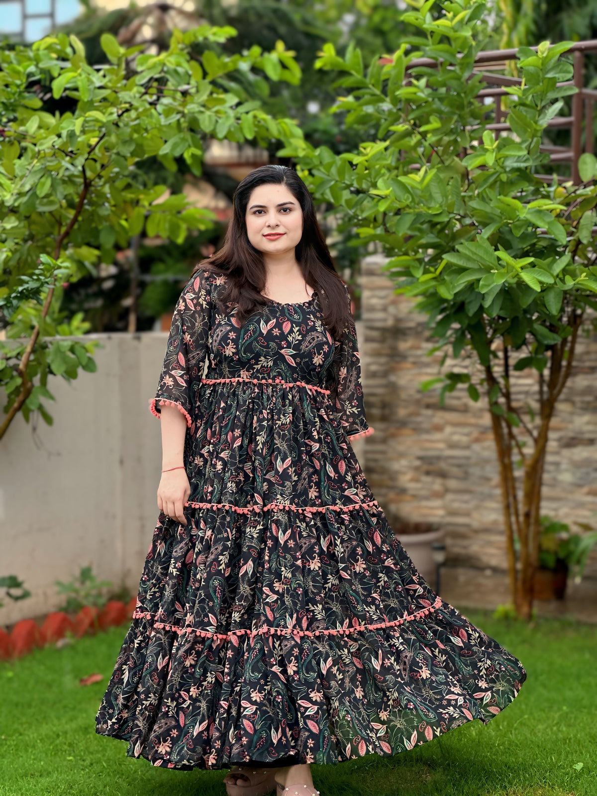 Printed black floral chiffon maxi