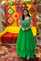 Hand embroidered leaf green double flare anarkali