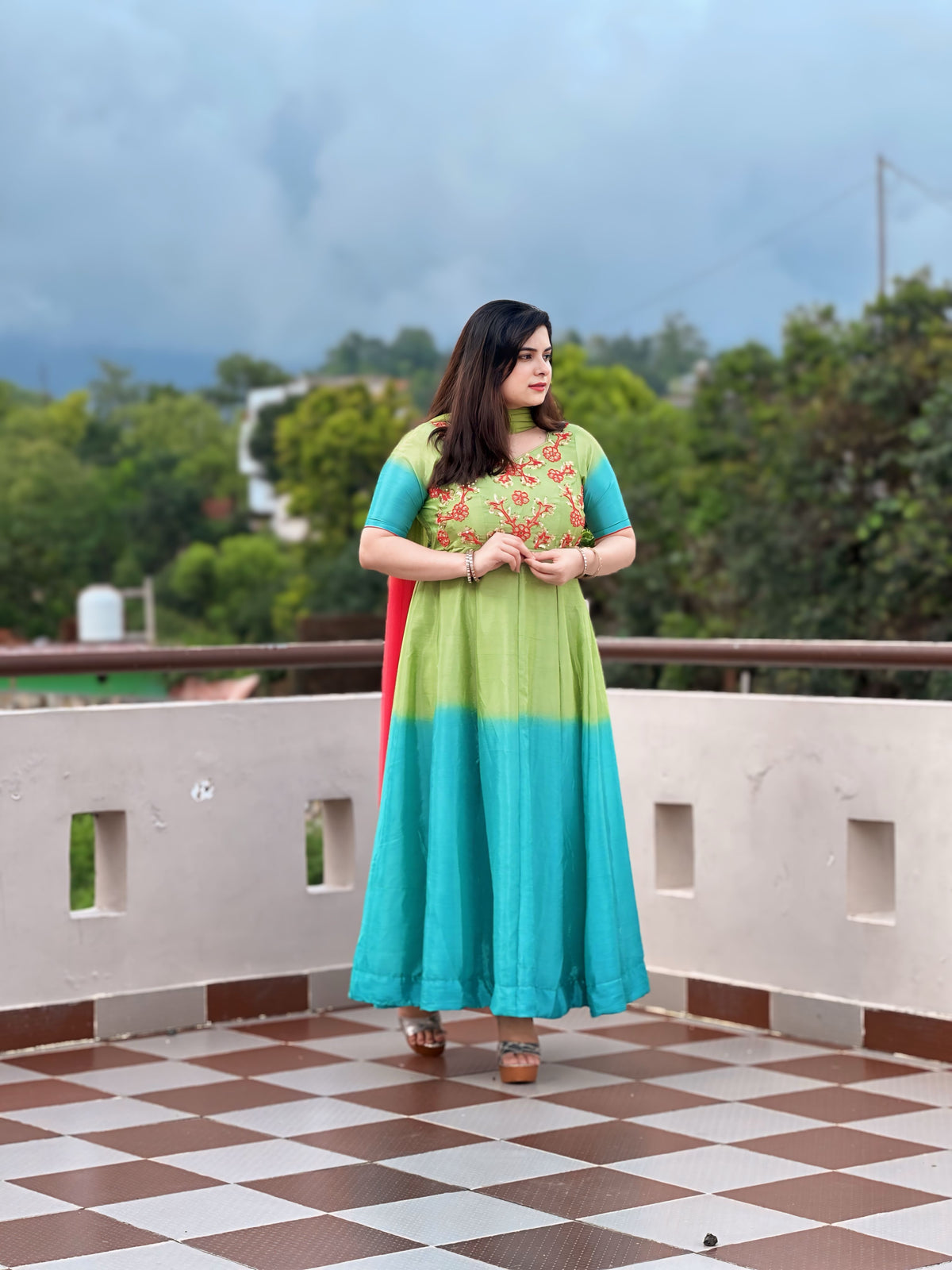 Hand embroidered blue-green shaded anarkali