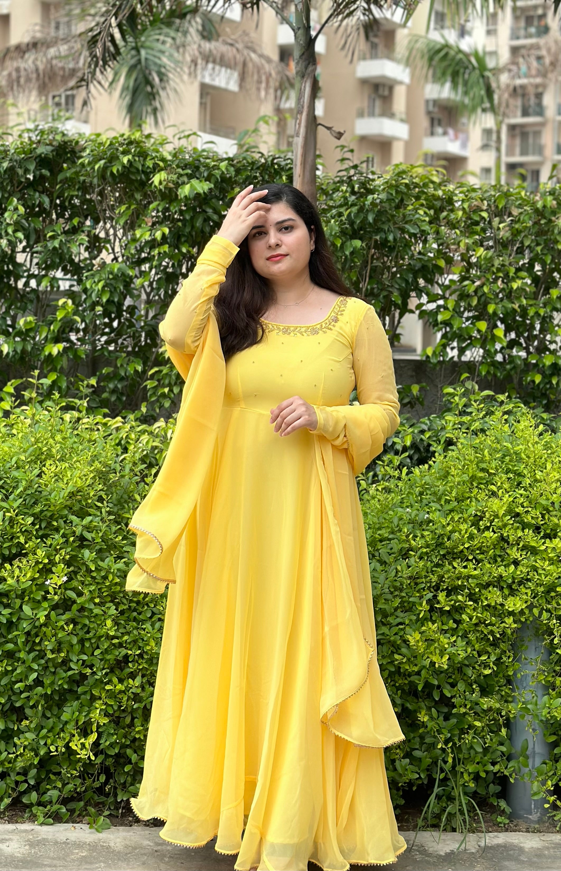 Hand embroidered yellow anarkali