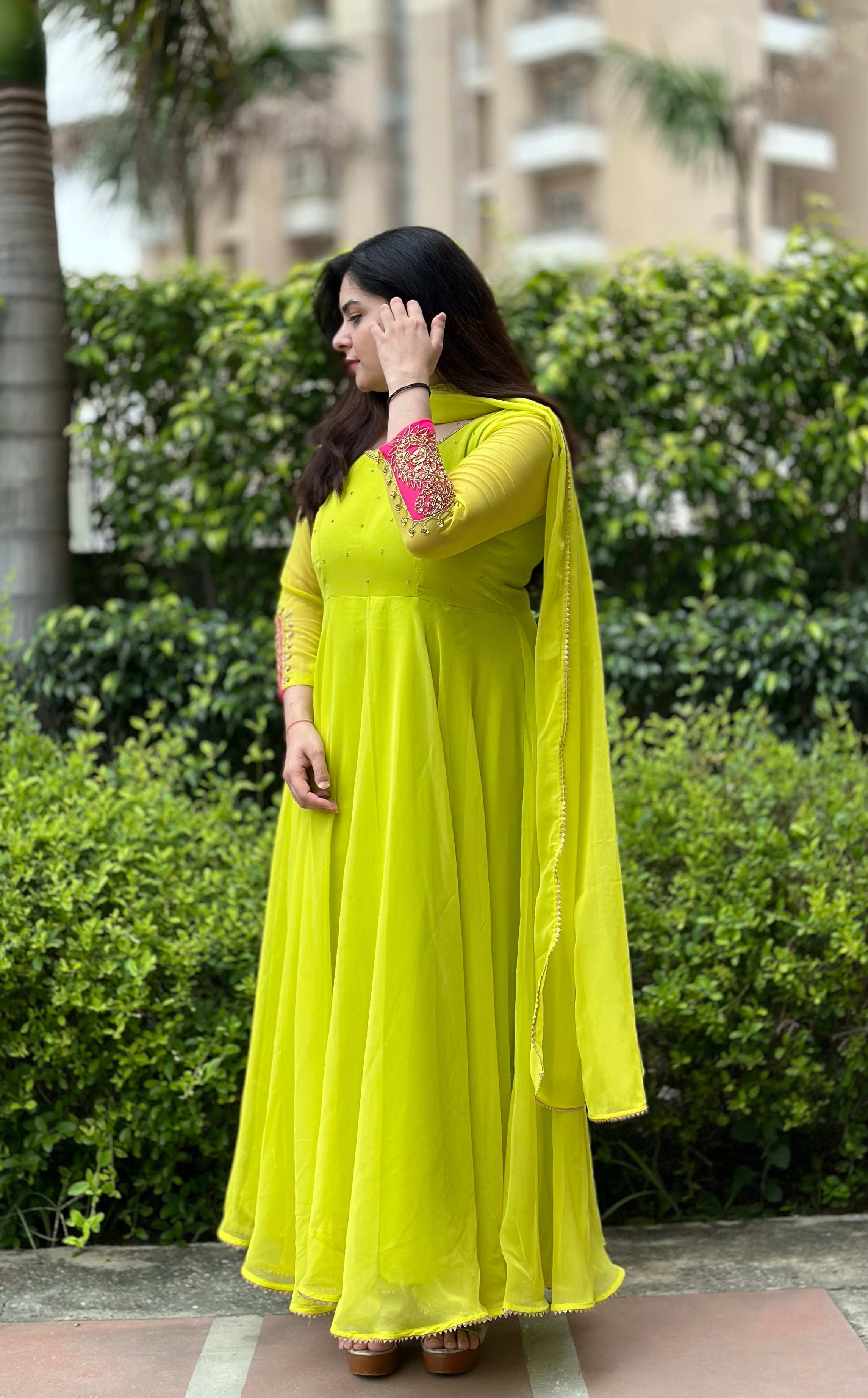 Hand embroidered parrot green anarkali set kasumi.in Hand embroidered parrot green anarkali set kasumi.in