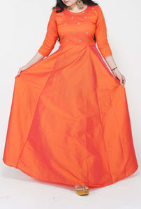 Orange Mirror Work Silk Gown