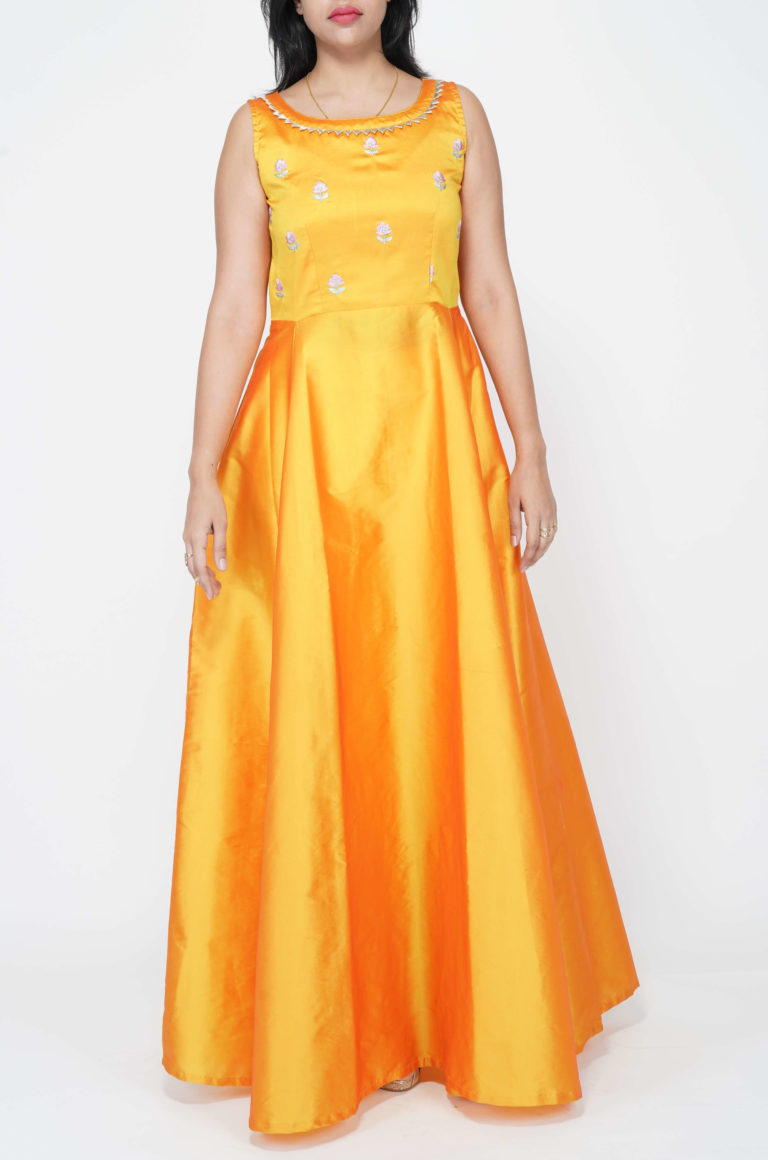 Thread and Zari Embroidered Yellow silk Gown