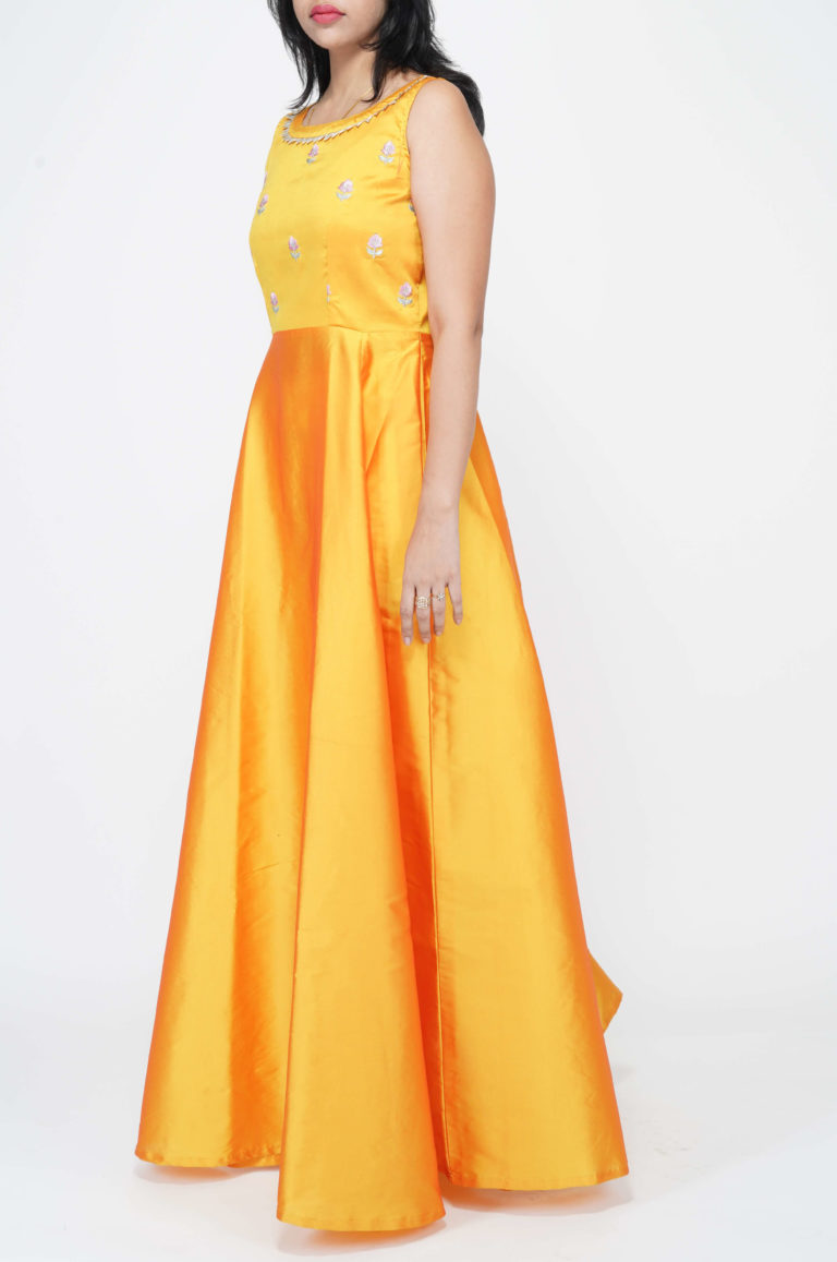 Thread and Zari Embroidered Yellow silk Gown