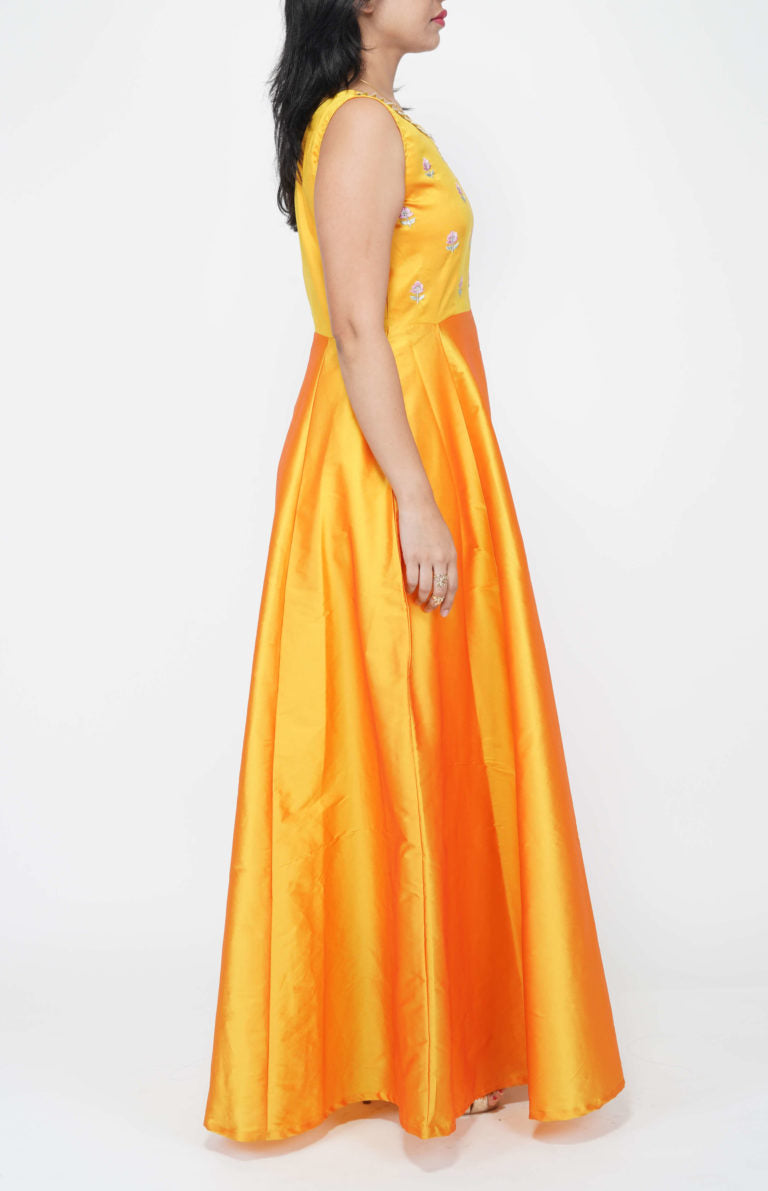 Thread and Zari Embroidered Yellow silk Gown