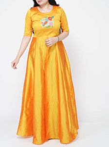 Thread Colorful Embroidered Yellow Silk Slit Maxi Tunic