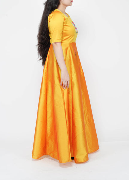 Thread Colorful Embroidered Yellow Silk Slit Maxi Tunic