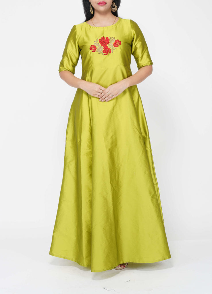 Thread Embroidered Green Silk Gown