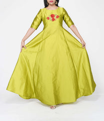 Thread Embroidered Green Silk Gown