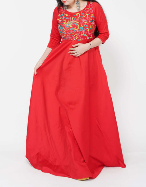 Thread Colorful Embroidered Red Silk Gown