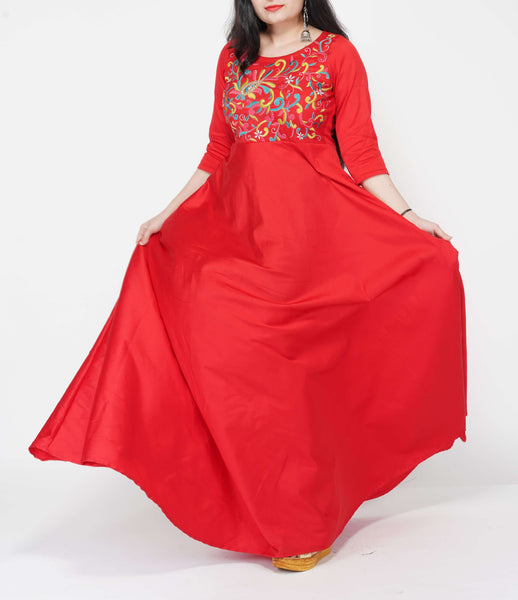 Thread Colorful Embroidered Red Silk Gown