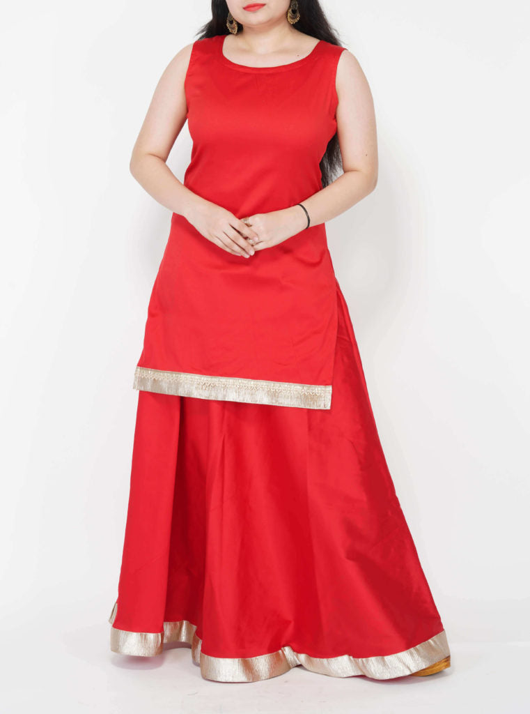 Red Silk Kurti Skirt Set