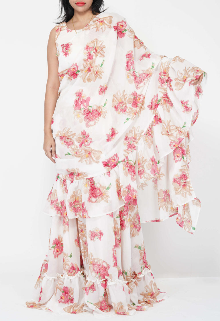 Draped Floral Off White Dress