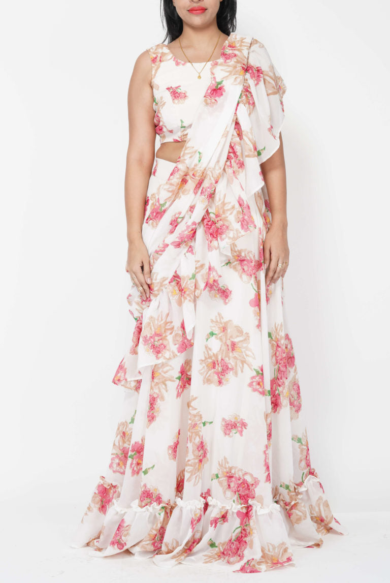 Draped Floral Off White Dress