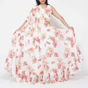 Draped Floral Off White Dress