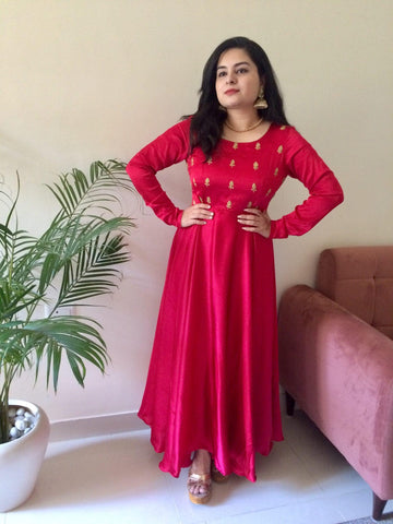 Embroidered Red Satin Dress