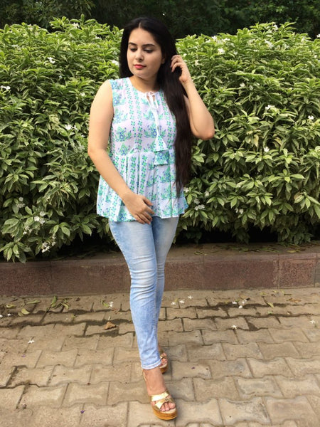 White floral hand block print top