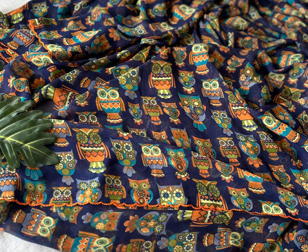 Blue owl printed georgette saree
