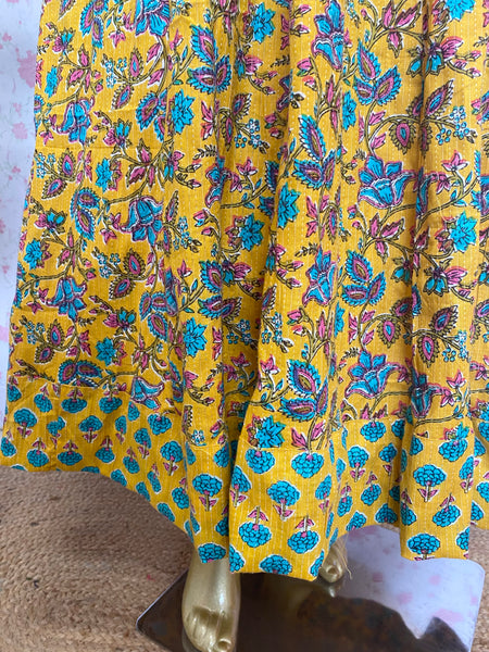 Yellow hand block printed anarkali