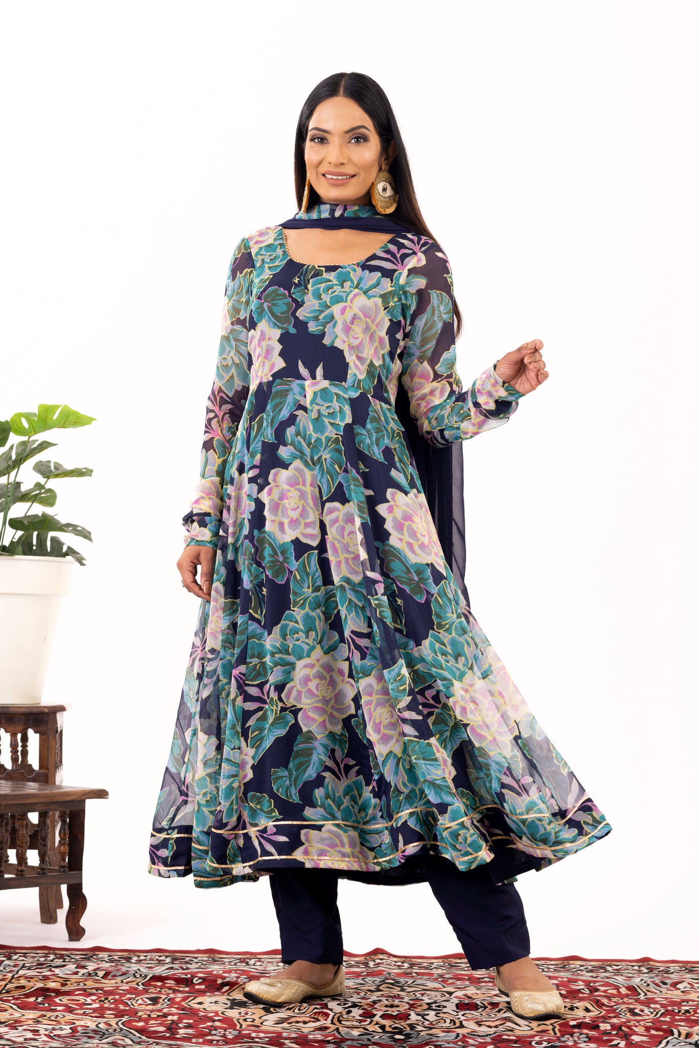 Blue floral anarkali set