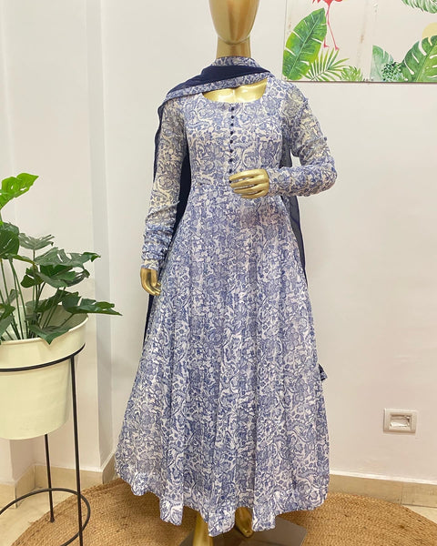 Printed white anarkali