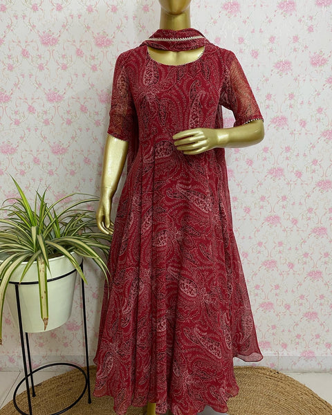 Burgundy printed georgette dress