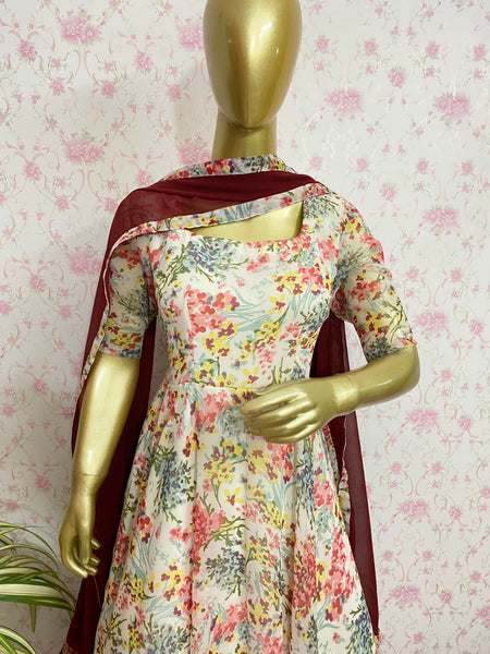 Cream floral georgette anarkali