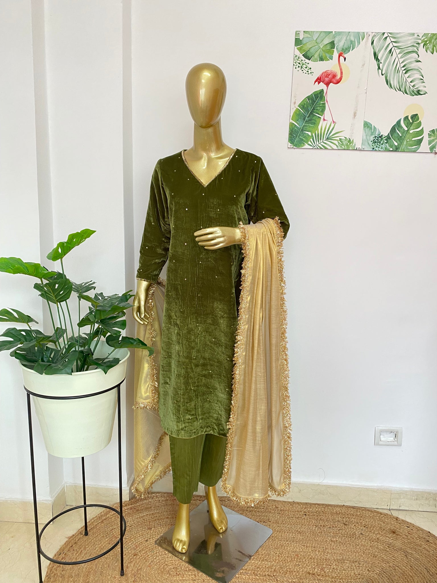 Olive velvet suit set