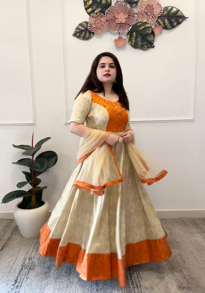 Cream brocade anarkali