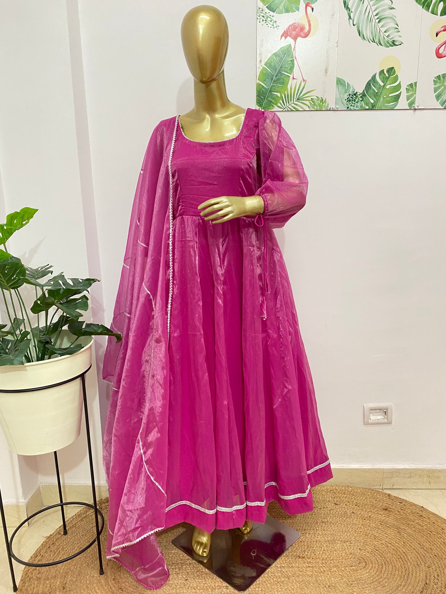 Pink tissue anarkali set