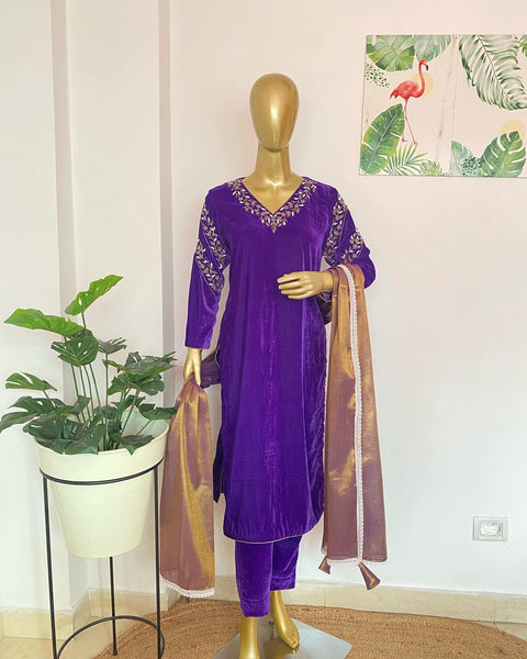 Brinjal velvet suit set
