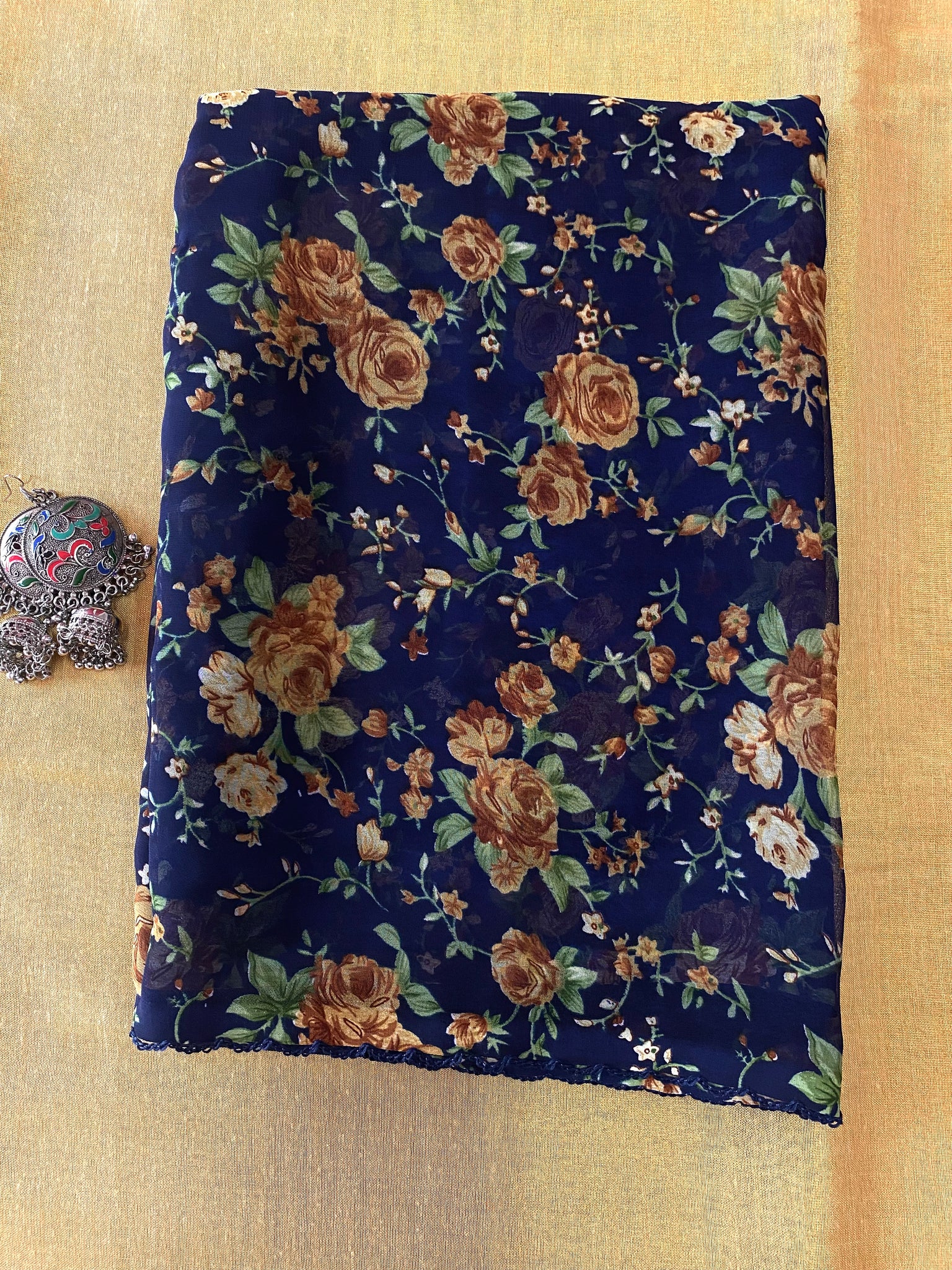 Blue floral georgette saree