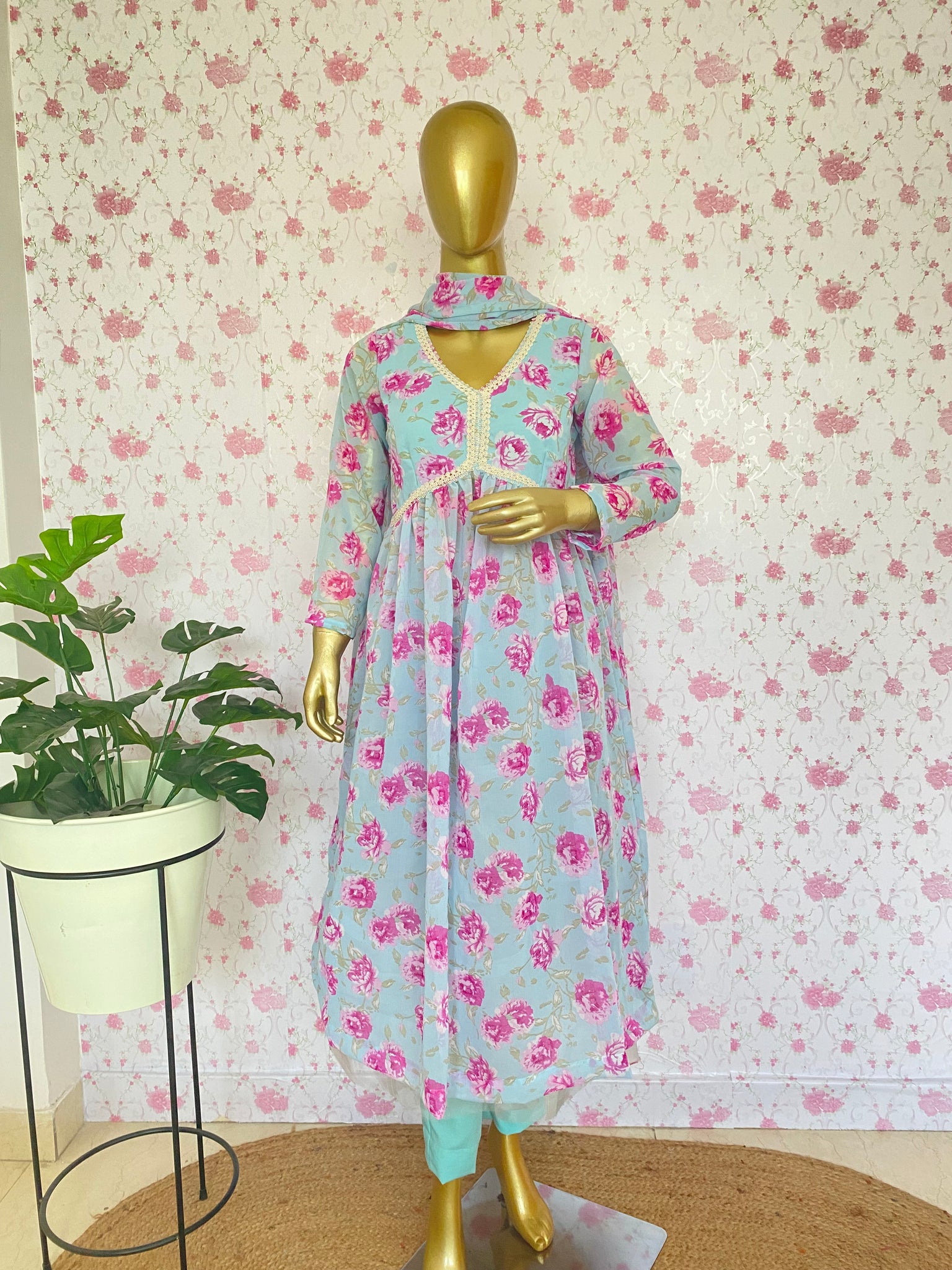 Blue printed georgette suit set