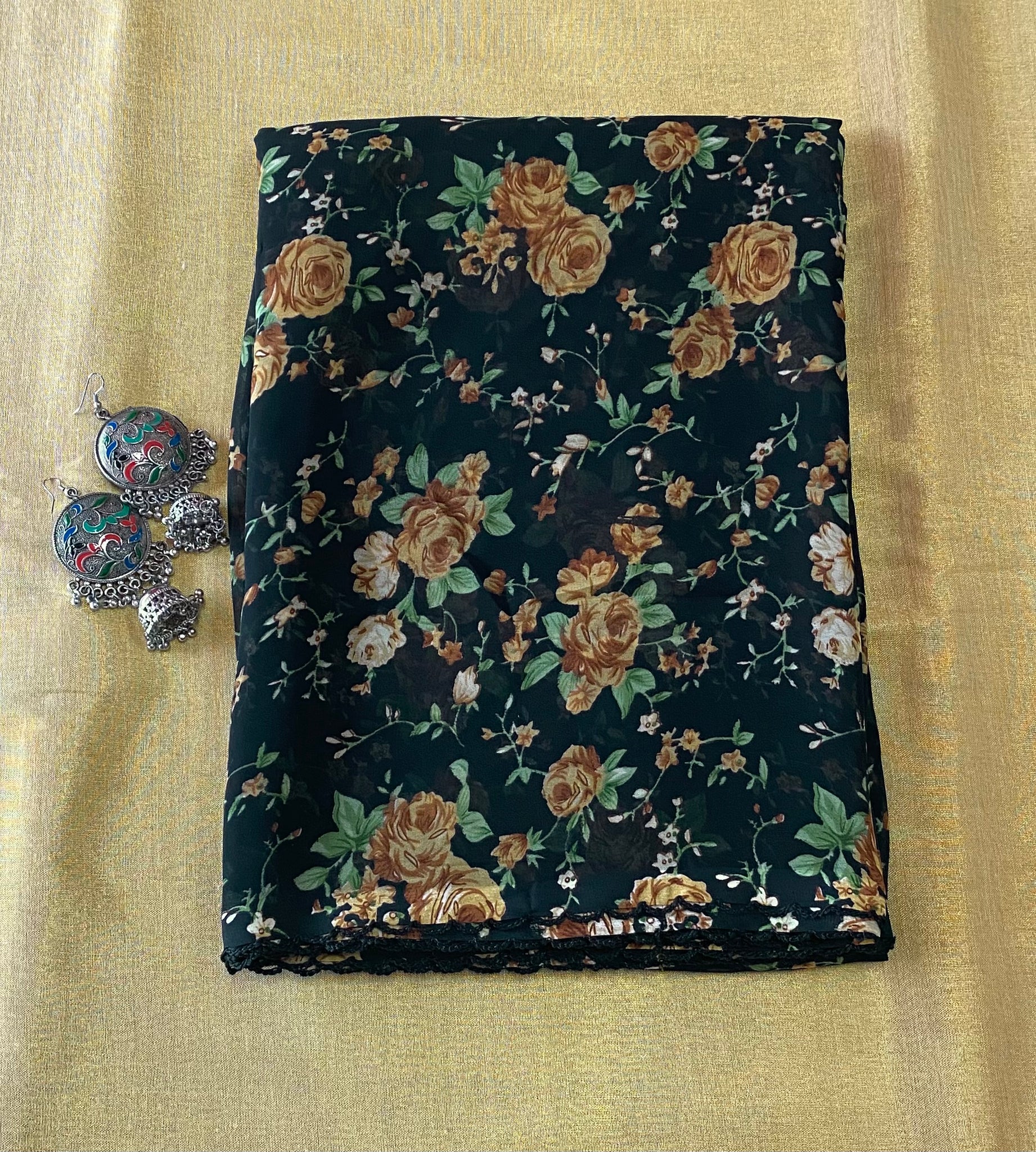Black floral georgette saree