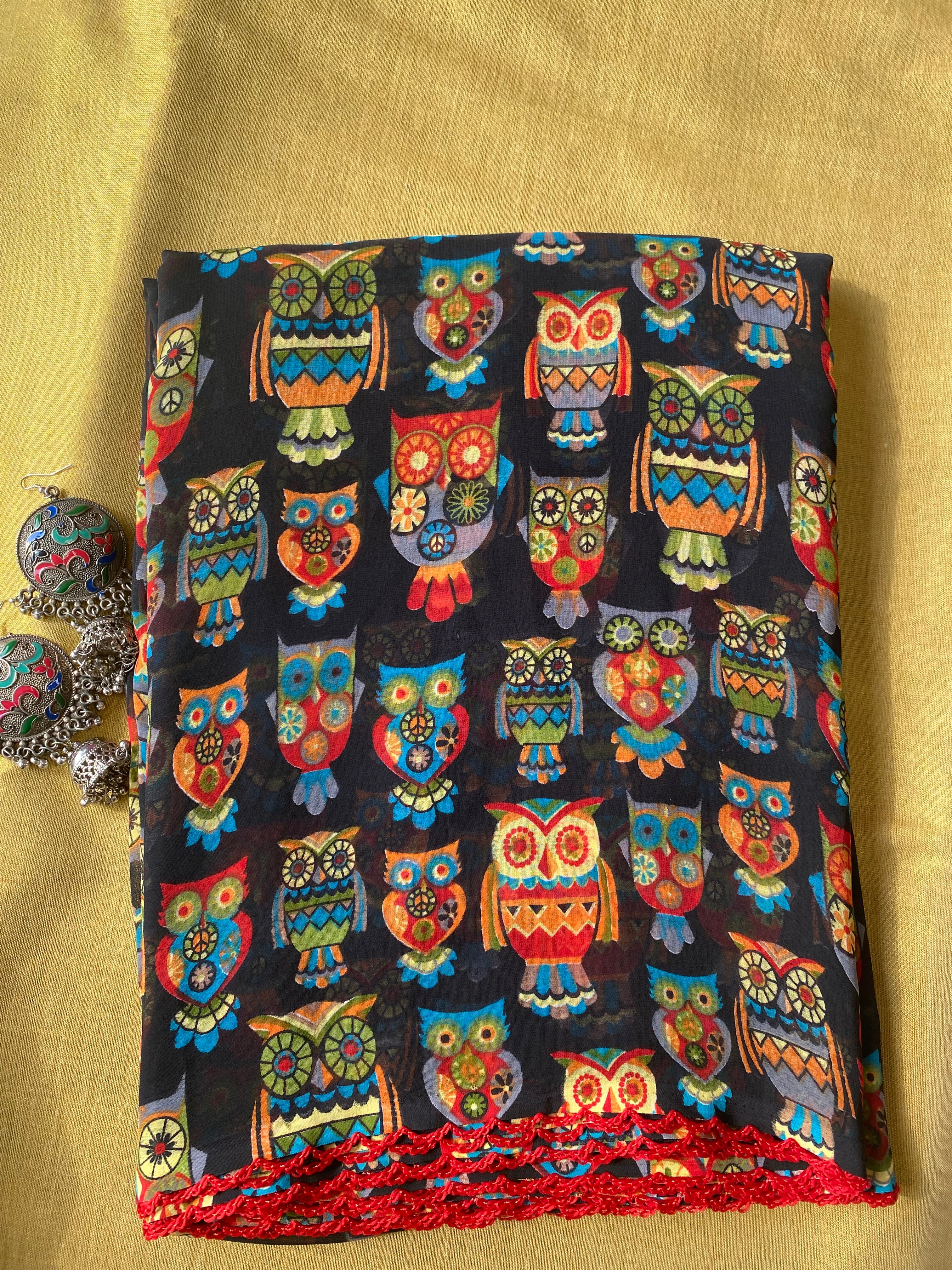 Black owl printed georgette saree - kasumi.in
