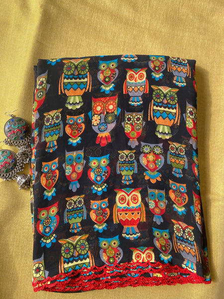 Black owl printed georgette saree