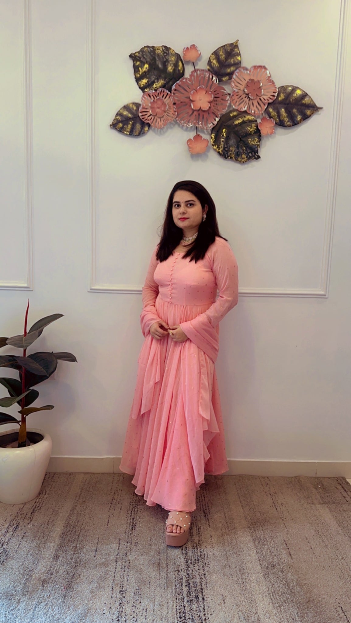 Rose pink heavy flare anarkali