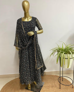 Black printed chiffon dress