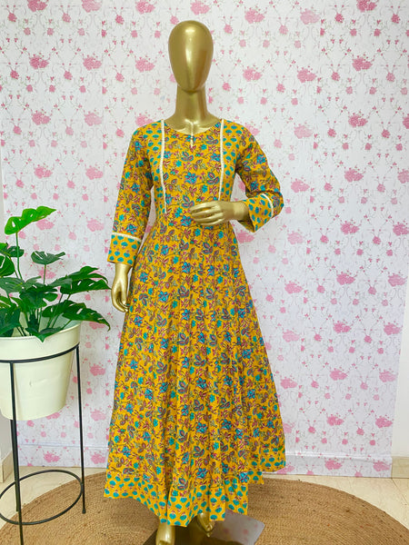 Yellow hand block printed anarkali