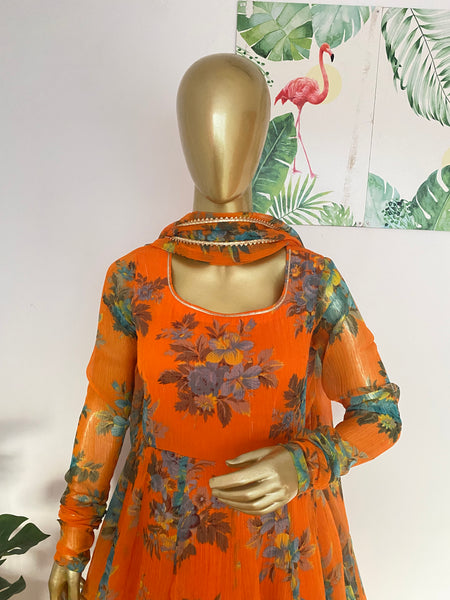 Orange printed anarkali
