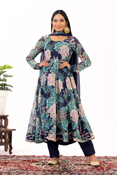Blue floral anarkali set
