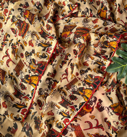Beige printed georgette saree